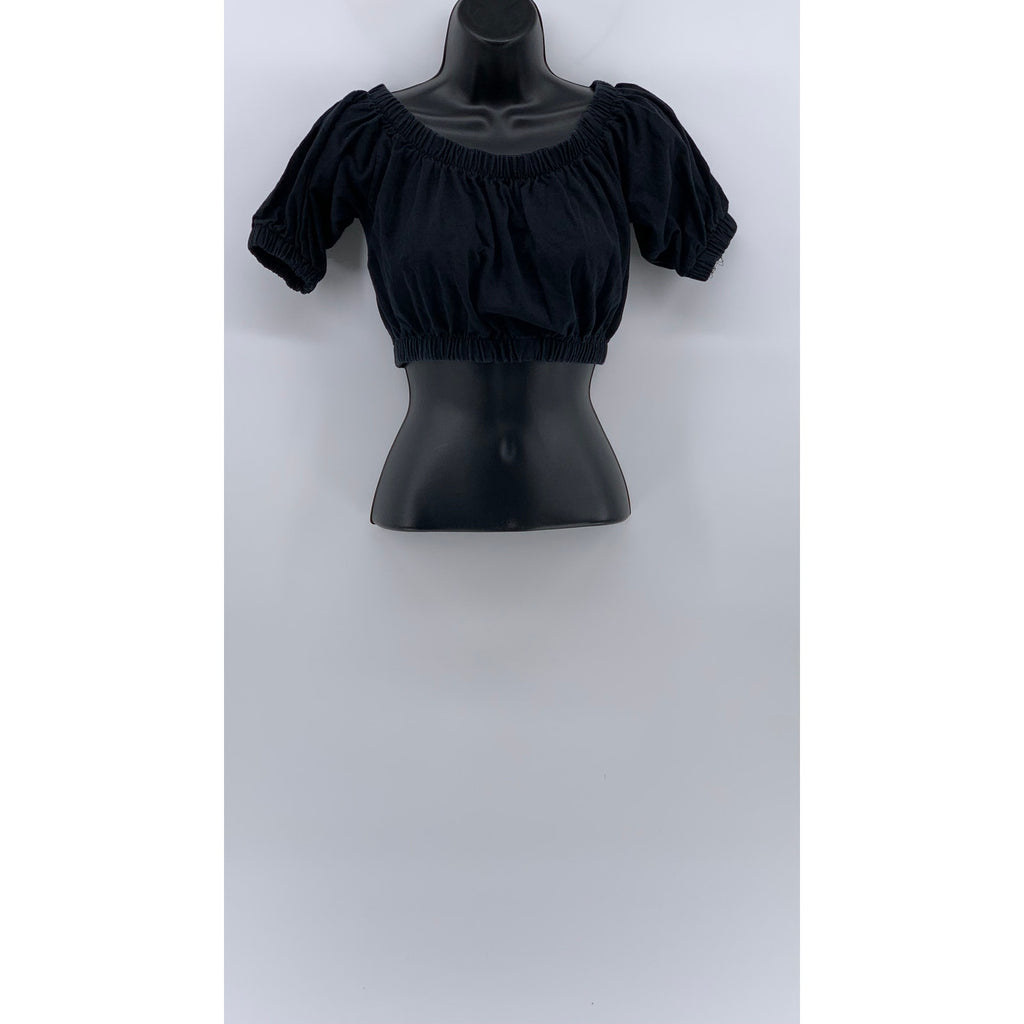 FASHION LOVE Women's Black Solid Scoop-Neck Short Puff Sleeve Cropped Top SZ S