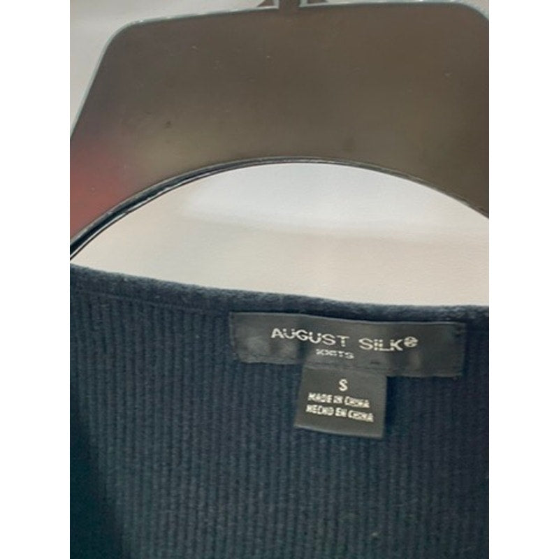 AUGUST SILK Women's Black Ribbed V-Neck Crochet Trim Cap Sleeve Top SZ S