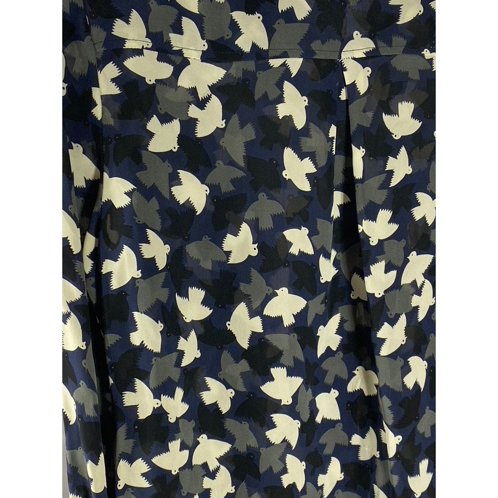OAK73 Women's Blue/Black/White Bird Print Button-Up Long Sleeve Top SZ M