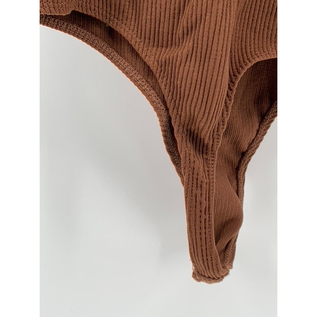 OUT FROM UNDER Women's Brown Ribbed Split Neck Sleeveless Thong Bodysuit SZ XS/S