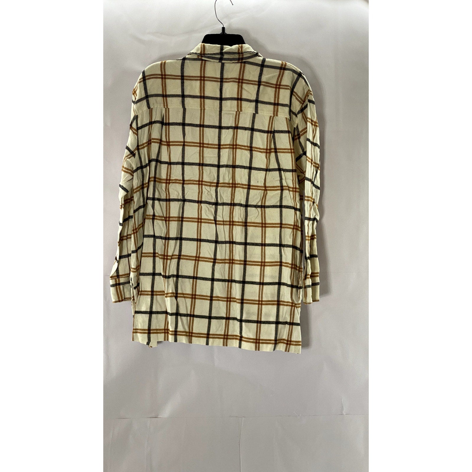 MADEWELL Women's Cream Plaid Flannel Oversized Button-Up Boyfriend Top SZ L
