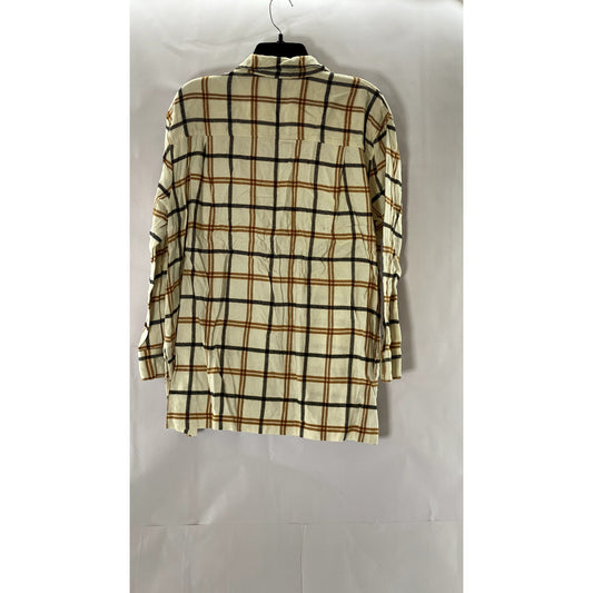 MADEWELL Women's Cream Plaid Flannel Oversized Button-Up Boyfriend Top SZ L