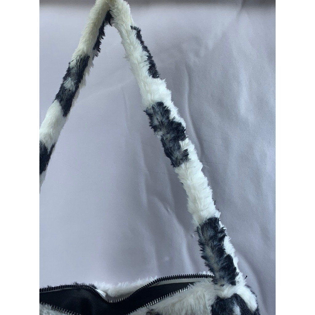 UNBRANDED Women's Black-White Floral Print Faux-Fur Shoulder Bag