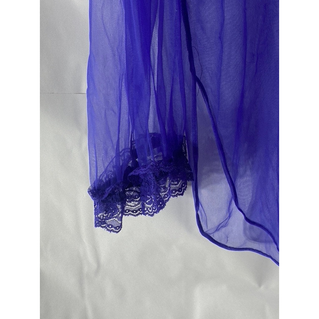 UNBRANDED Women’s Royal Blue Sheer V-Neck Lace-Up Ruffle Long Sleeve Top SZ M