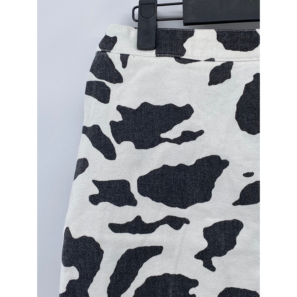 LE LIS Women's Black-White Animal-Print Denim Split-Hem Straight Mini Skirt SZ M