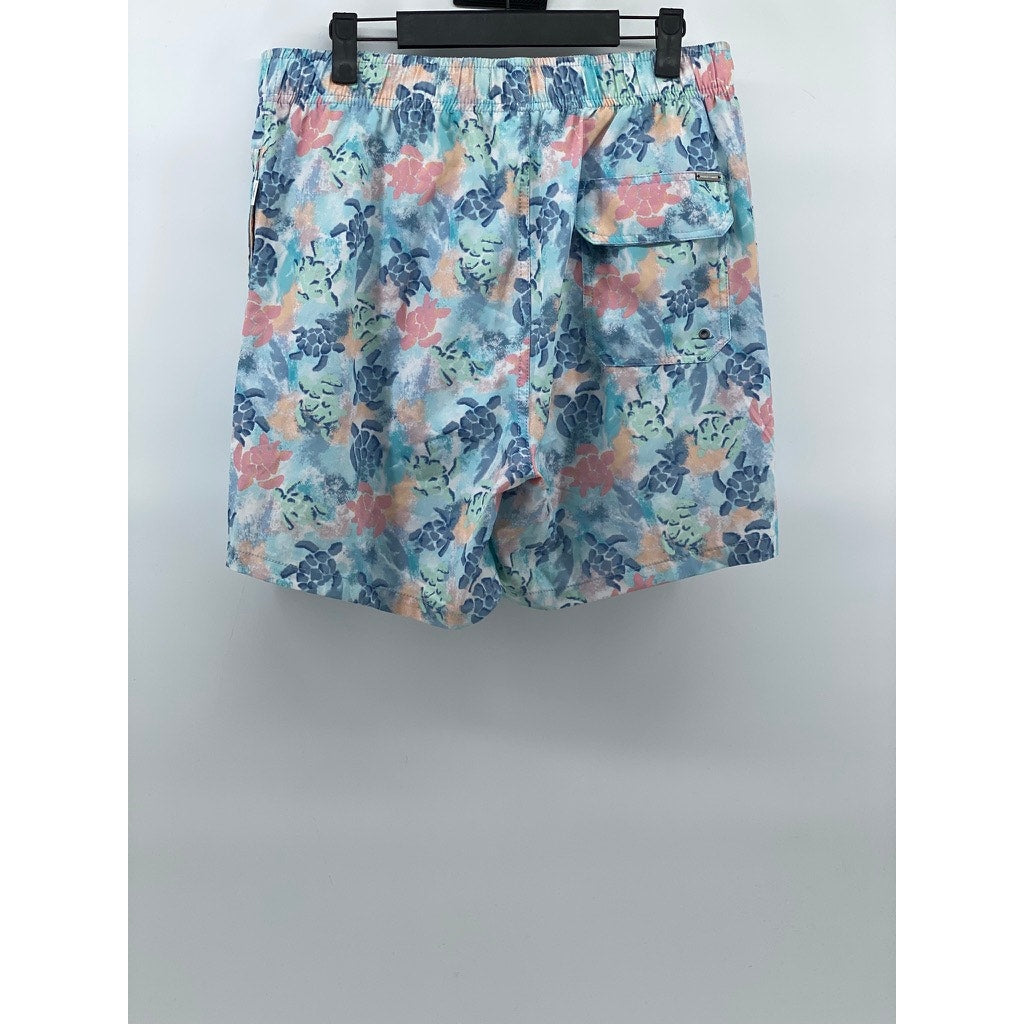 VINTAGE SUMMER Men's Light Blue Turtle Print Drawstring Mesh Swim Shorts SZ M