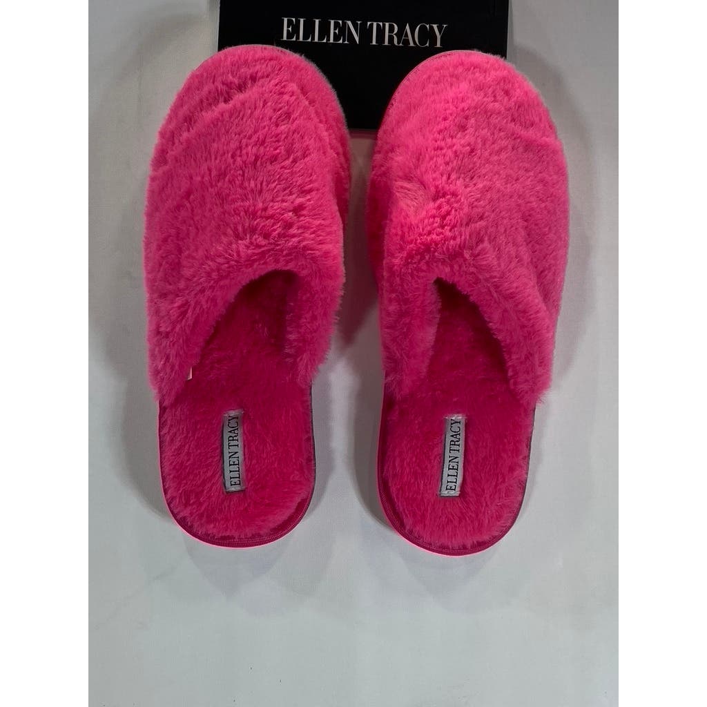 ELLEN TRACY Women's Fuchsia Faux-Fur Comfy Round-Toe Memory Foam Slipper SZ XL