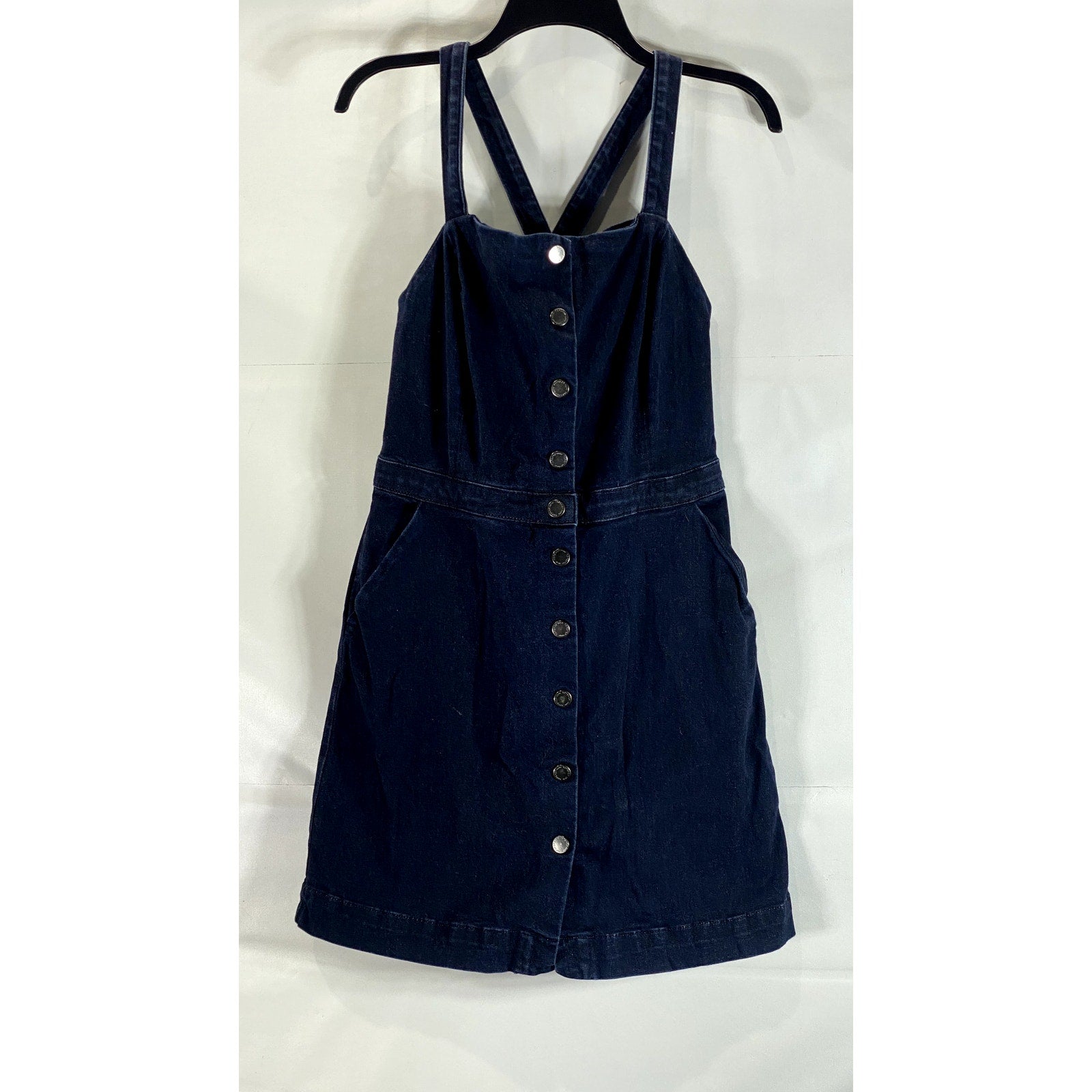 TOPSHOP MOTO Women's Blue Denim Button-Up Square-Neck Crossback Mini Dress SZ 10