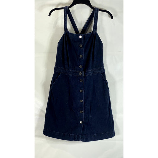 TOPSHOP MOTO Women's Blue Denim Button-Up Square-Neck Crossback Mini Dress SZ 10