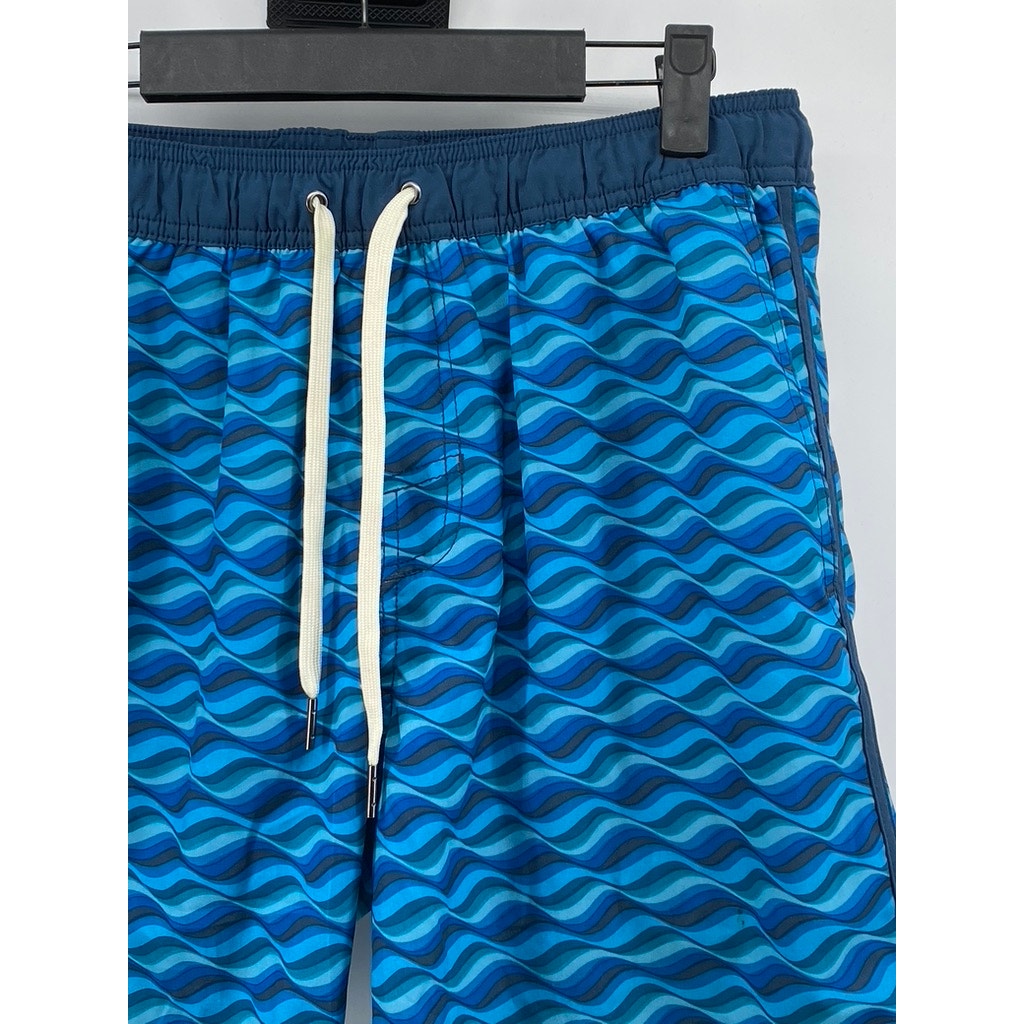FAIR HARBOR Men's Dark Blue Wave Print Drawstring Swim Trunks SZ M