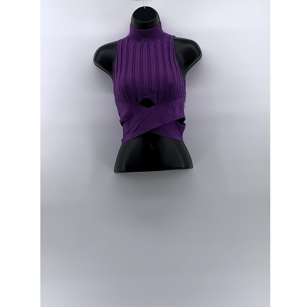 ZARA Women's Purple Mock-Neck Sleeveless Wide Rib Cross Hem Cropped Top SZ S