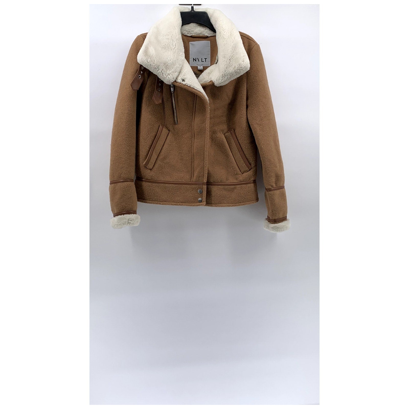 NVLT Women's Tan-White Sherpa Lined Zip-Up Brushed Melton Wool-Blend Jacket SZ S