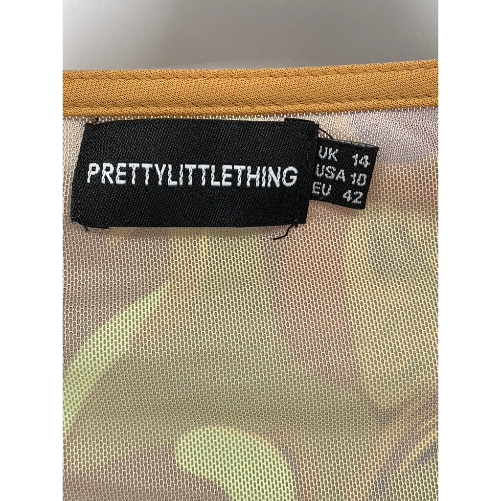 PRETTYLITTLETHING Women's Brown-Multi Sheer Mesh Long Sleeve Cropped Top SZ 10