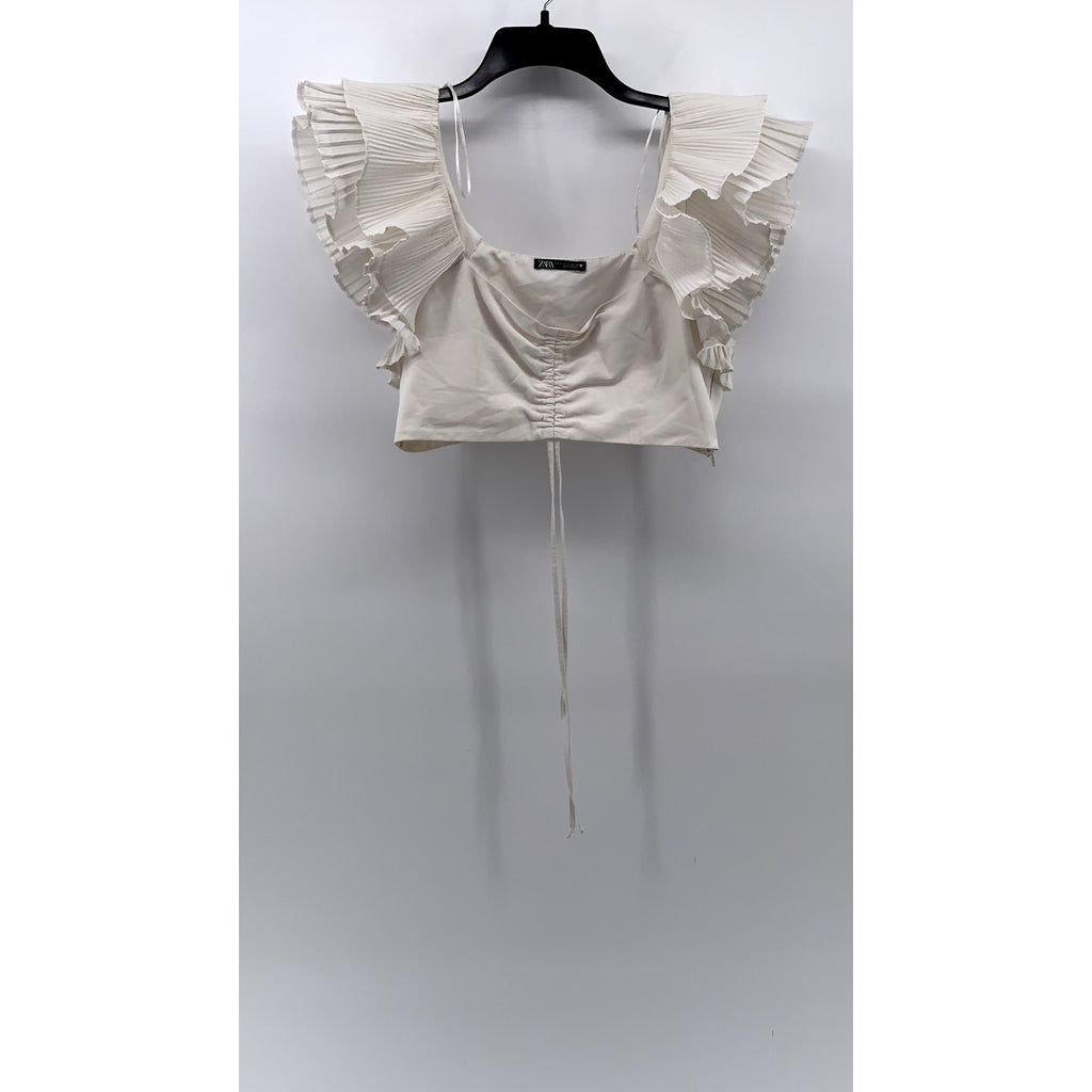ZARA Women’s White Pleated Ruffle Sleeve Cinched Bust Cropped Top SZ S