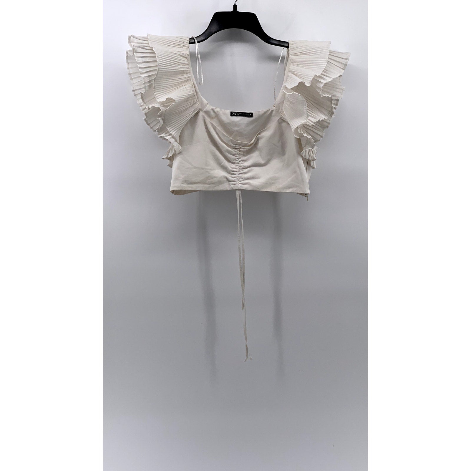 ZARA Women’s White Pleated Ruffle Sleeve Cinched Bust Cropped Top SZ S
