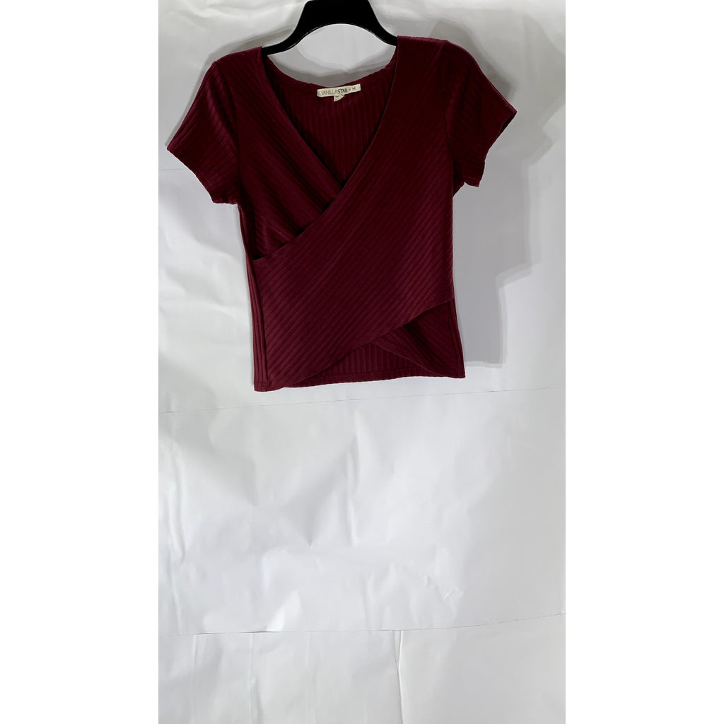 VANILLA STAR Women's Burgundy Ribbed Short Sleeve Wrap Top SZ M