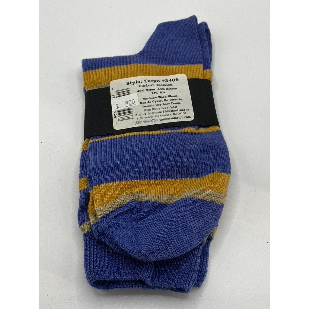 B.ELLA Women's Denim Blue-Gold Striped Knit Cotton-Blend Taryn Crew Socks SZ OS