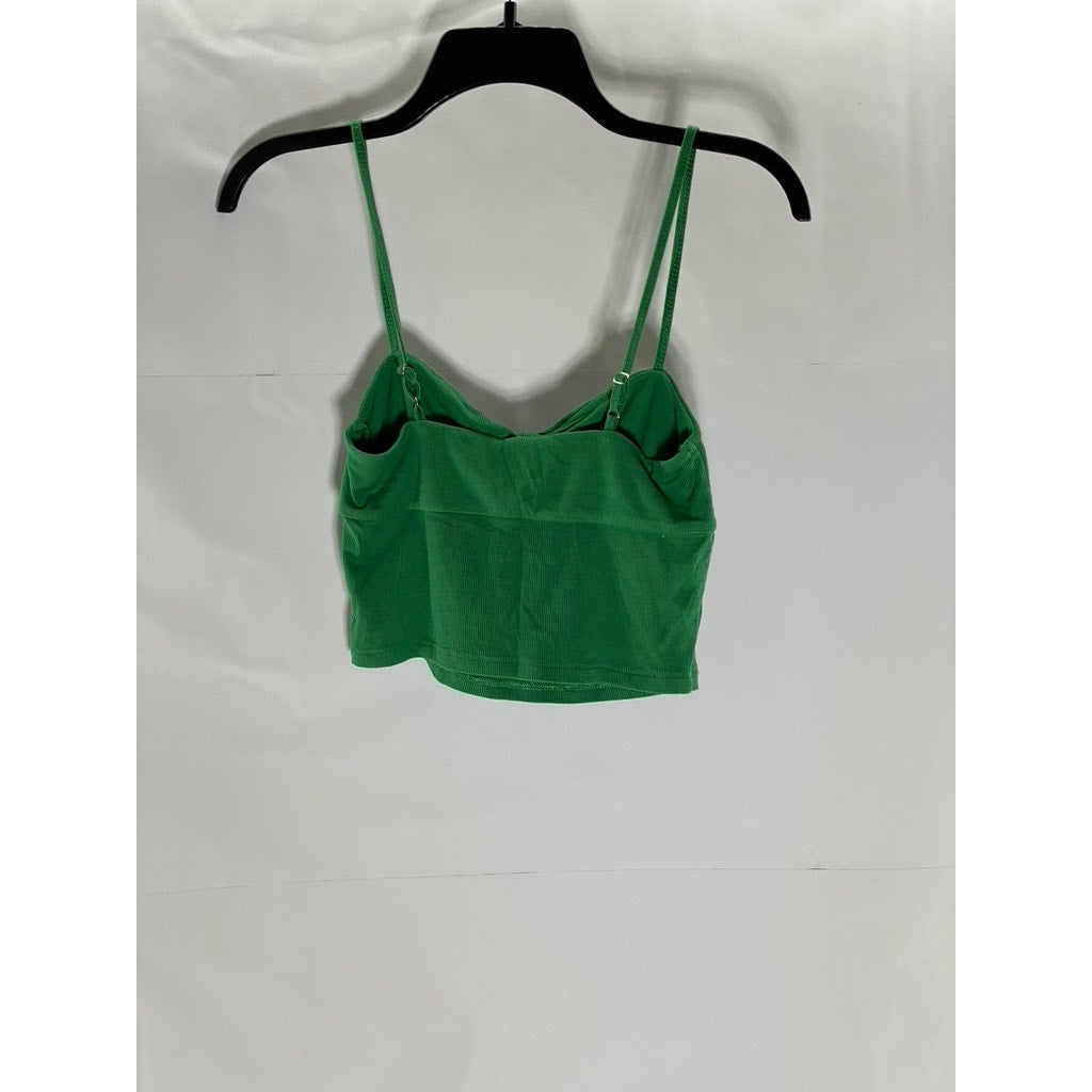 SUN-DEH Women's Dark Green Sweetheart Neck Adjustable Strap Ribbed Crop Top SZ S