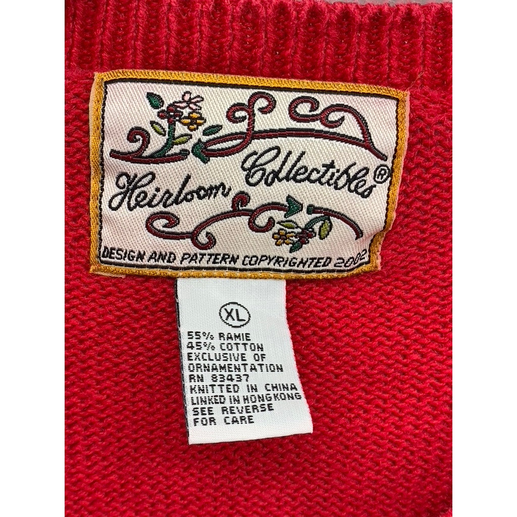 HEIRLOOM Women's Vintage Red Knit Hearts/Stars/American Flag Cardigan SZ XL