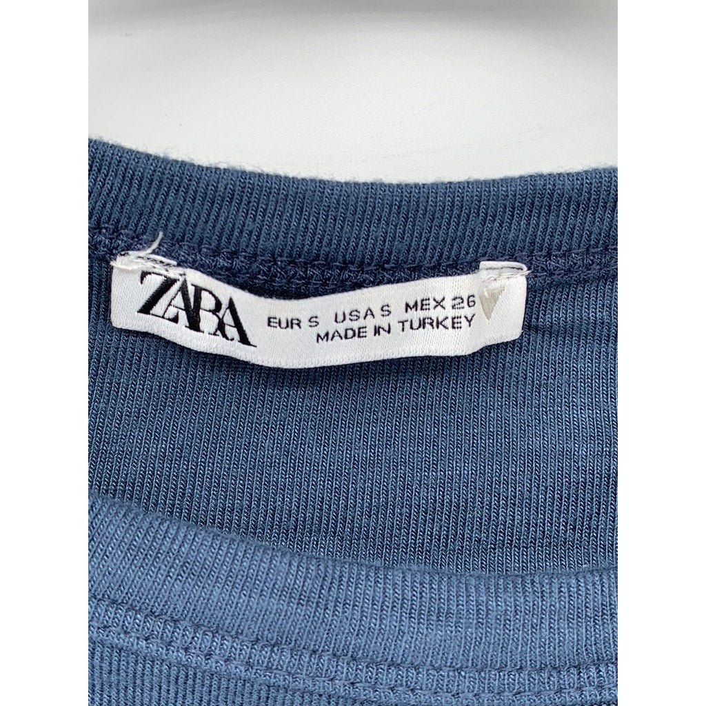 ZARA Women's Dark Blue Rib Knit Crewneck Short Sleeve Cropped T-Shirt SZ S