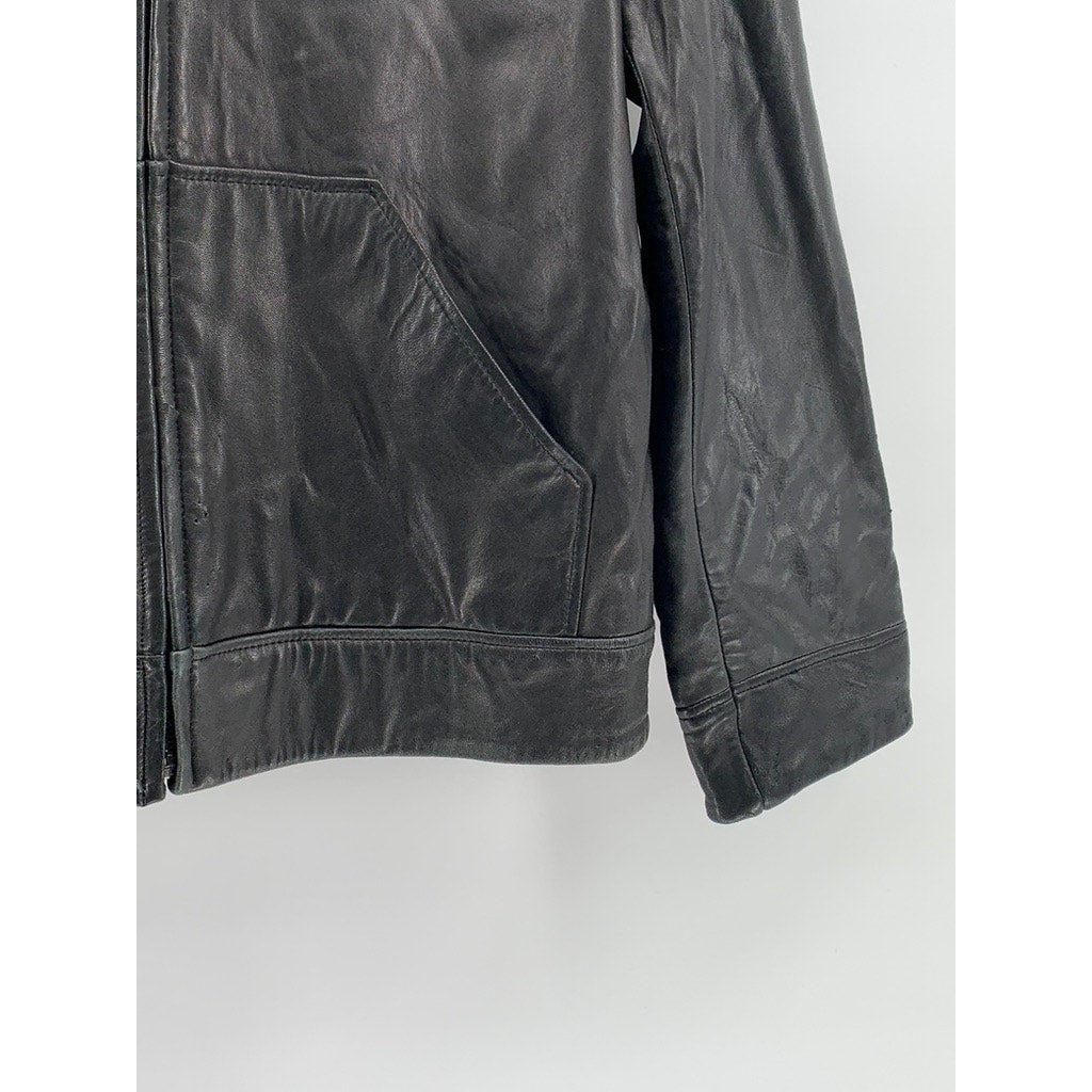 ANDREW MARC Women’s Petite Black Leather Hooded Zip-Up Jacket SZ PS