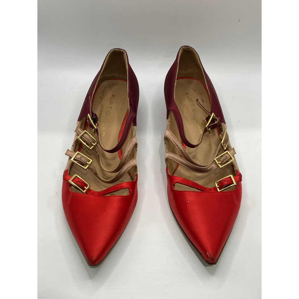 KURT GEIGER Women's Red Satin Pointed-Toe Strappy Wedge Mary Jane Shoes SZ 7