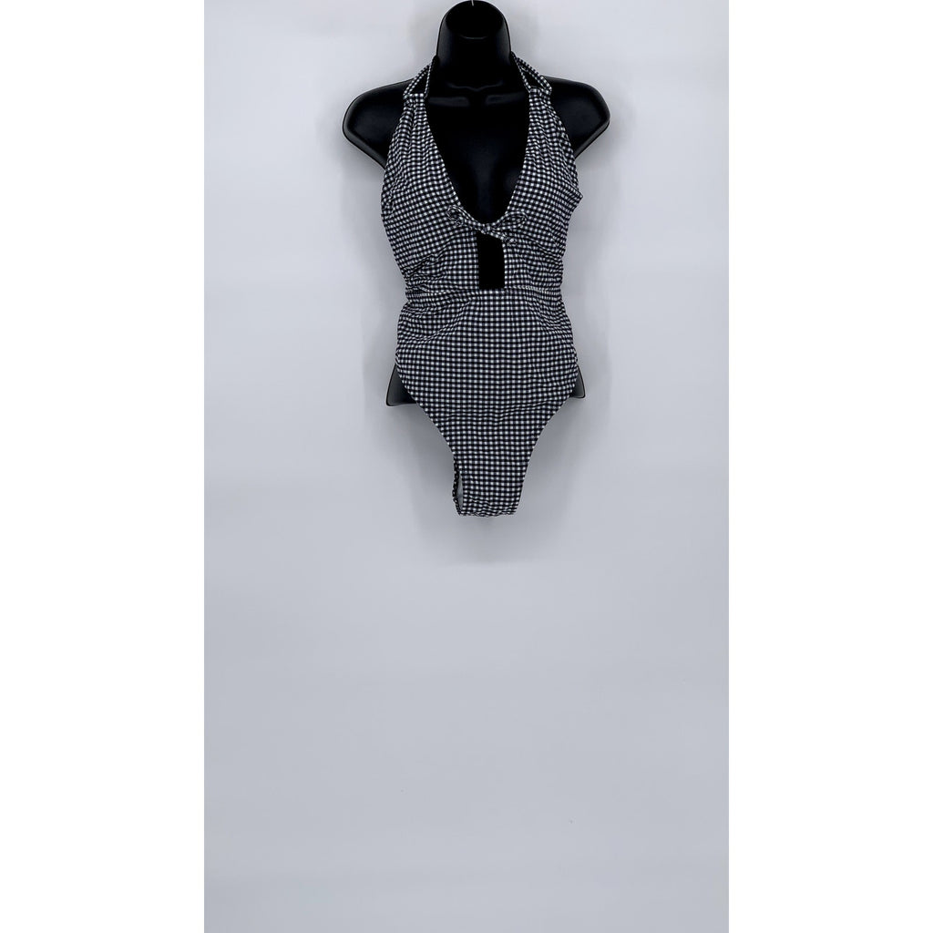 VICTORIA SECRET Women's Blue-White Gingham Cutout V-Neck Tie Neck Swimsuit SZ XL