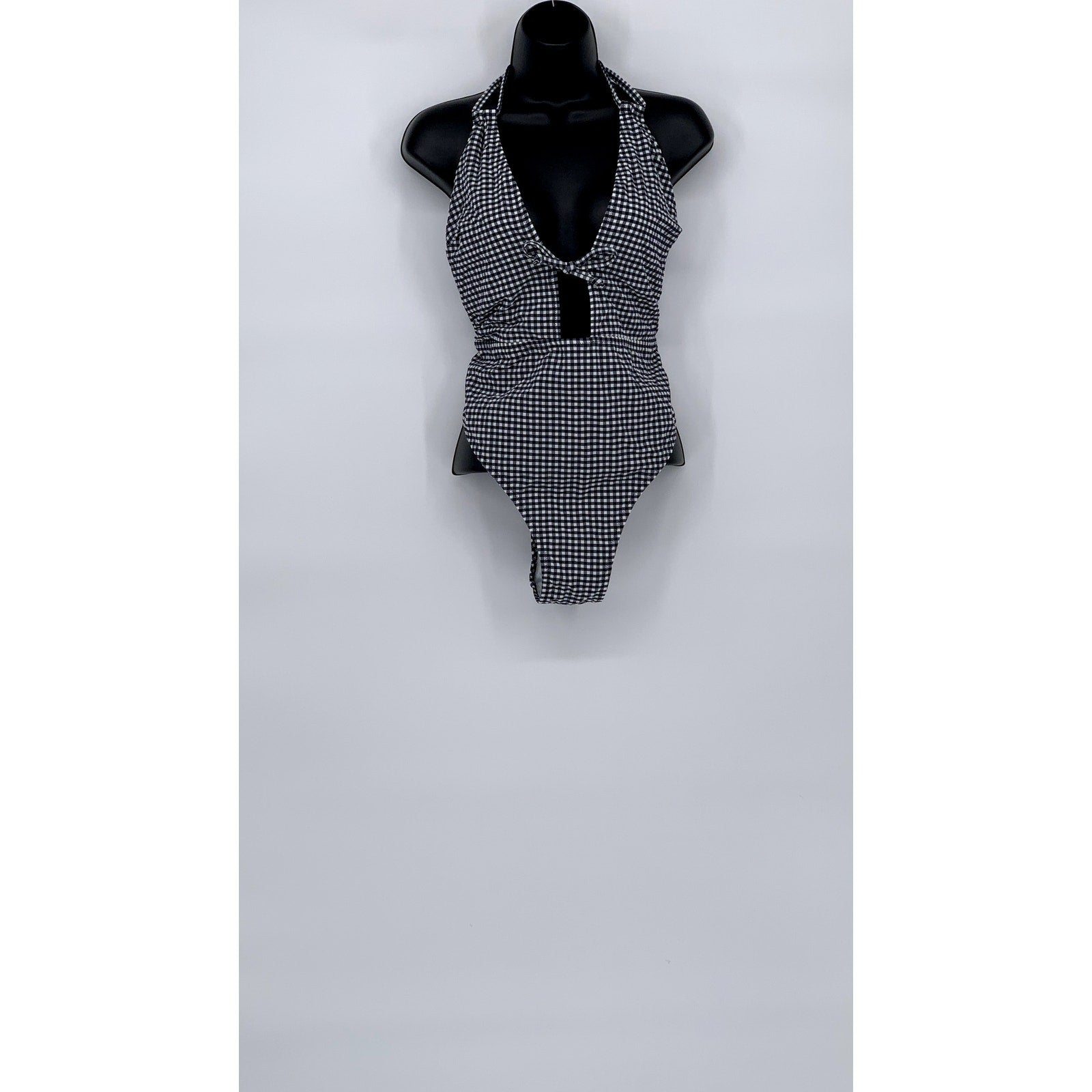 VICTORIA SECRET Women's Blue-White Gingham Cutout V-Neck Tie Neck Swimsuit SZ XL