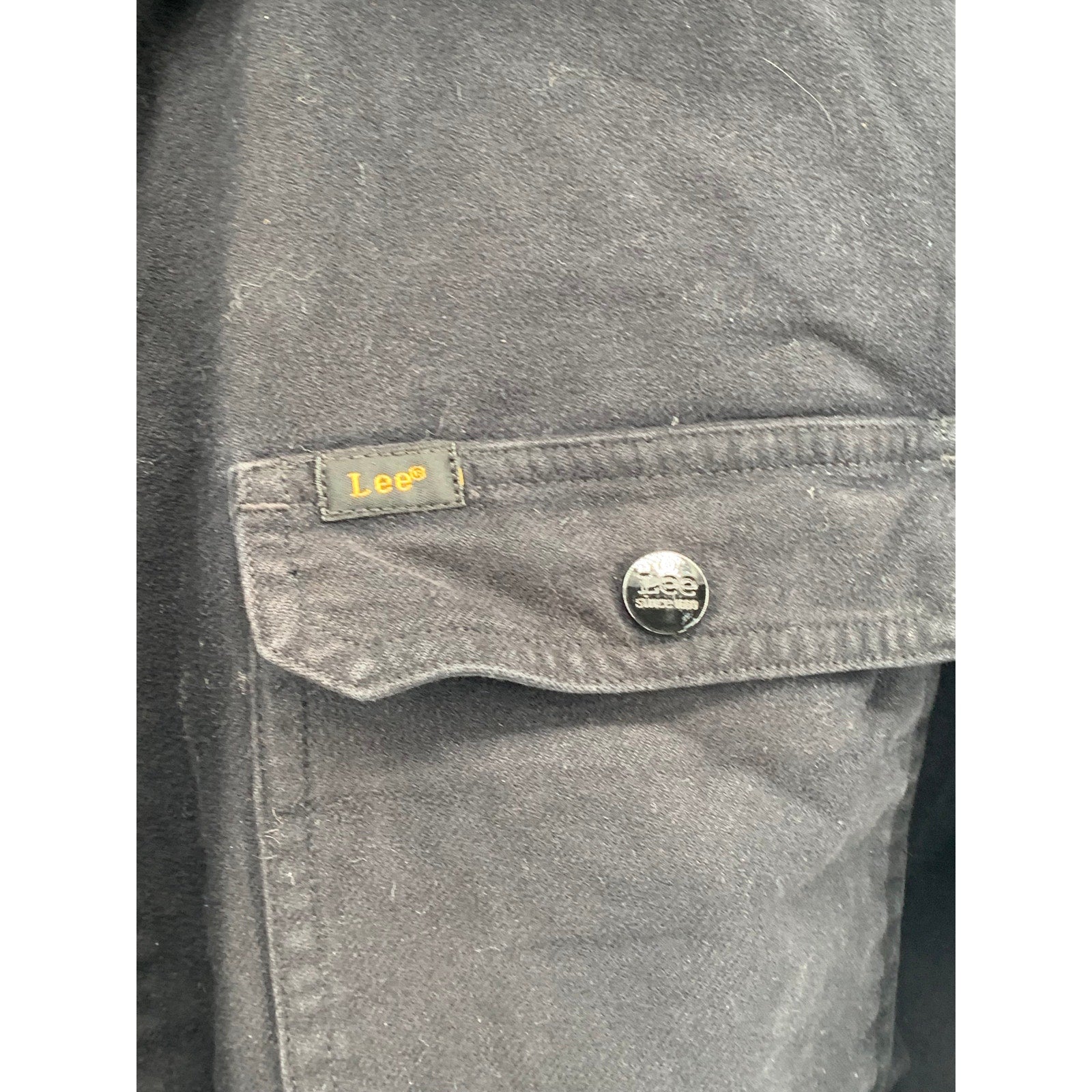 LEE Women’s Black Denim Frayed Cut-Off Hem Zip-Up Cropped Jean Jacket SZ L