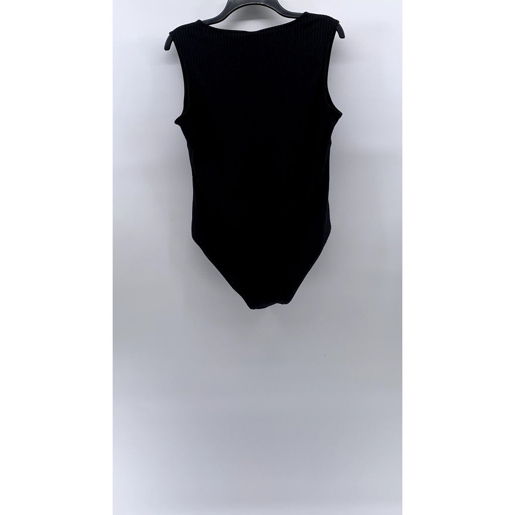 H&M Women's Black Wide Rib V-Neck Full-Coverage Sleeveless Bodysuit SZ L