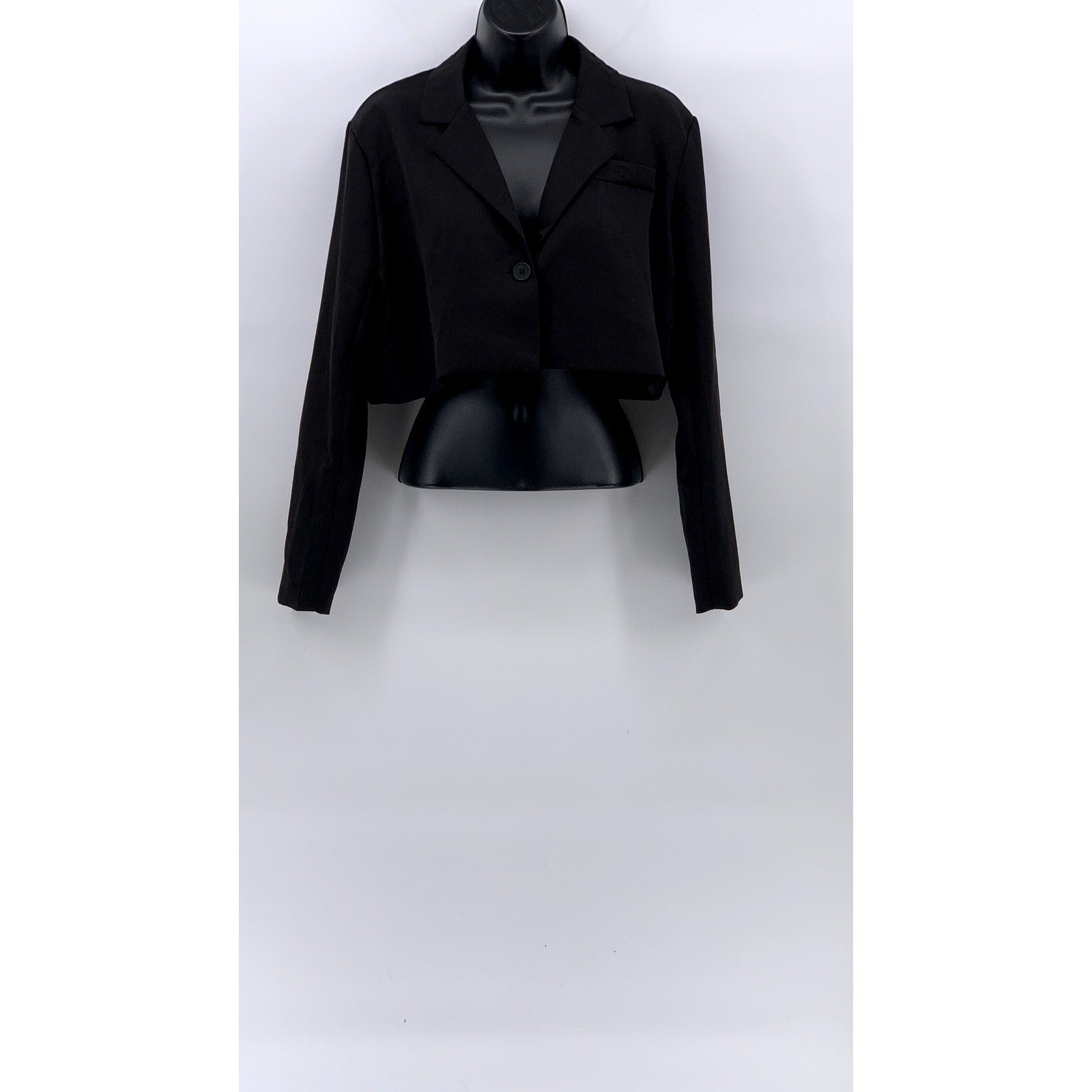 Women's Black Solid Single-Button Notch Collar Long Sleeve Cropped Blazer SZ S