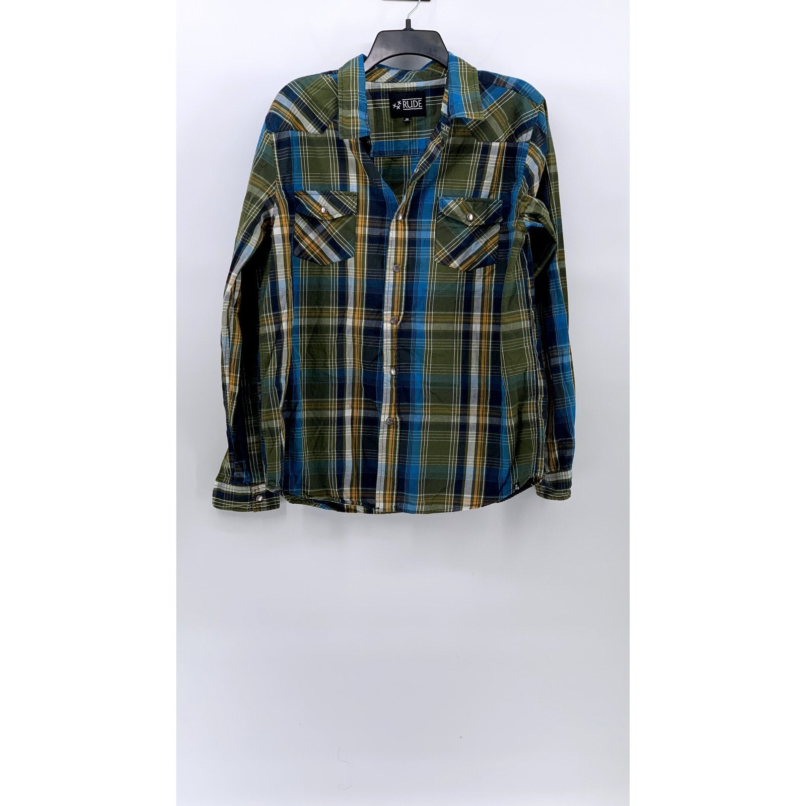 XXX RUDE Men's Green-Blue Plaid Button-Up Long Sleeve Regular-Fit Shirt SZ M