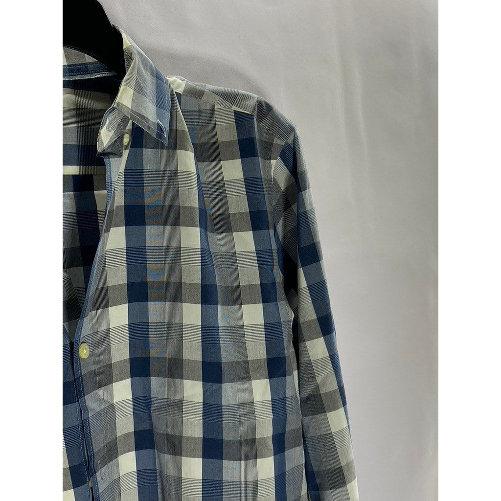BANANA REPUBLIC Men's Blue-Gray Plaid Grant-Fit Supima Button-Up Shirt SZ M