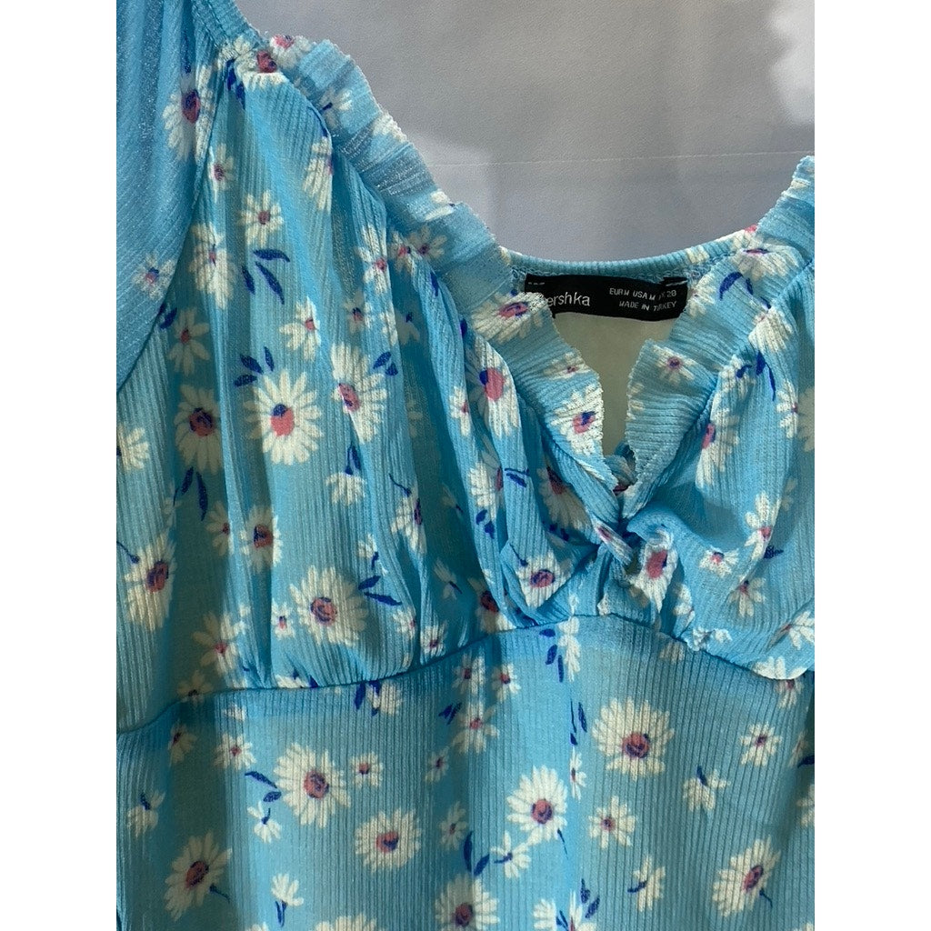 BERSHKA Women’s Light Blue Milkmaid Floral Puff Short Sleeve Mini Dress SZ M