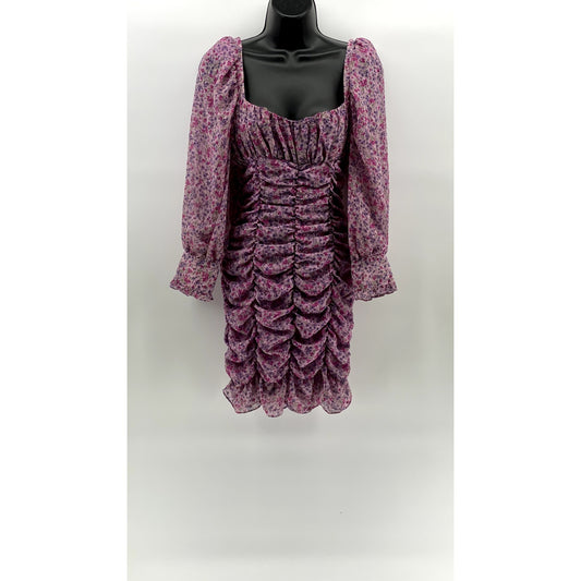 ZARA Women's Lilac Floral Print Ruched Ruffle Balloon-Sleeve Mini Dress SZ S