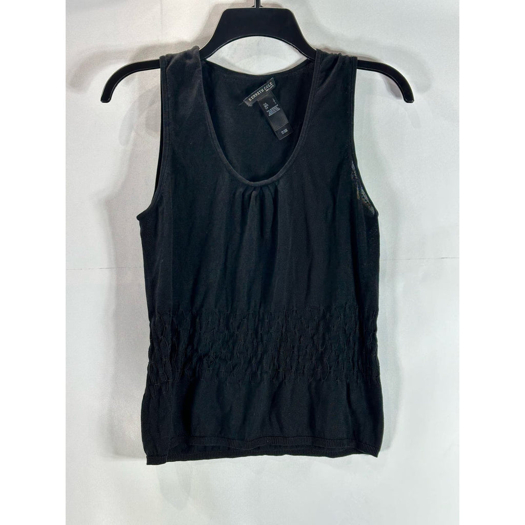 KENNETH COLE NEW YORK Women's Black Silk Deep Scoop-Neck Textured Tank Top SZ L