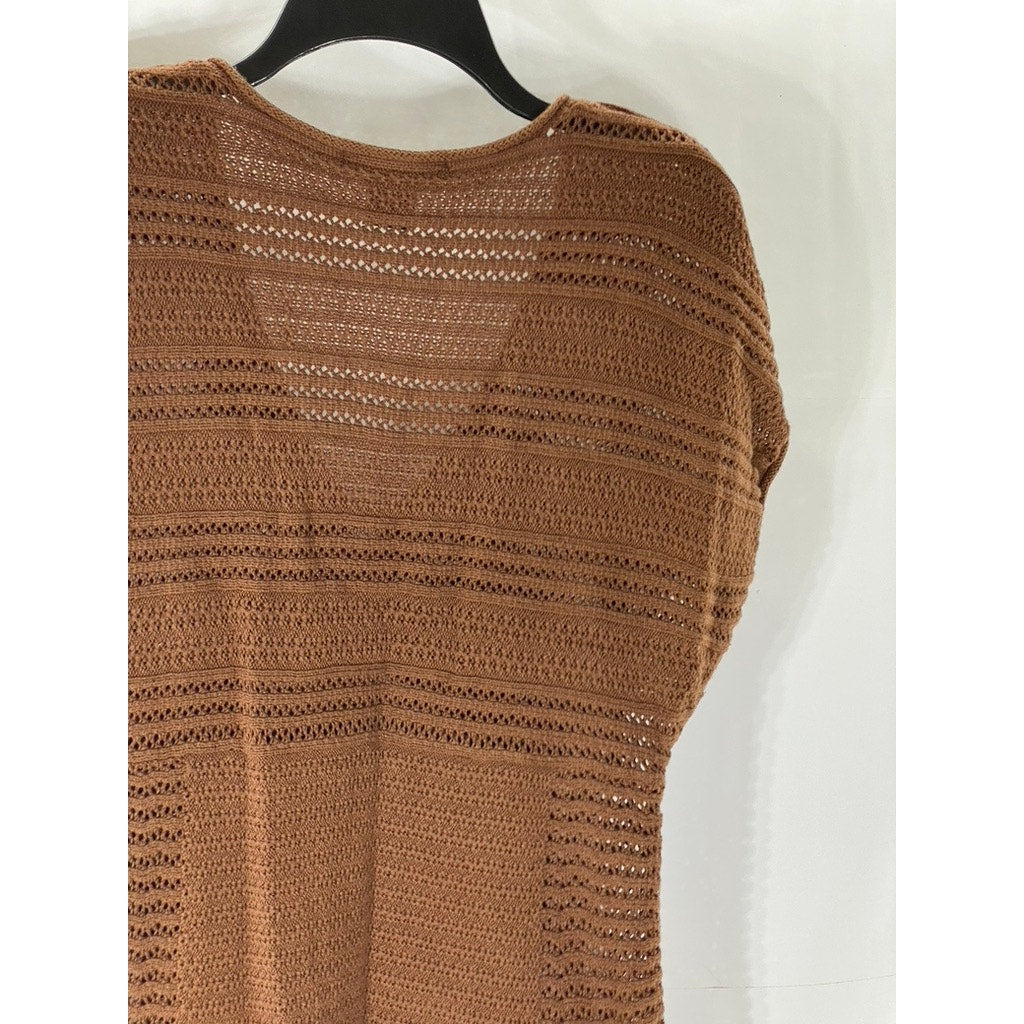 CALVIN KLEIN JEANS Women's Brown Crochet Knit V-Neck Short Sleeve Top SZ M