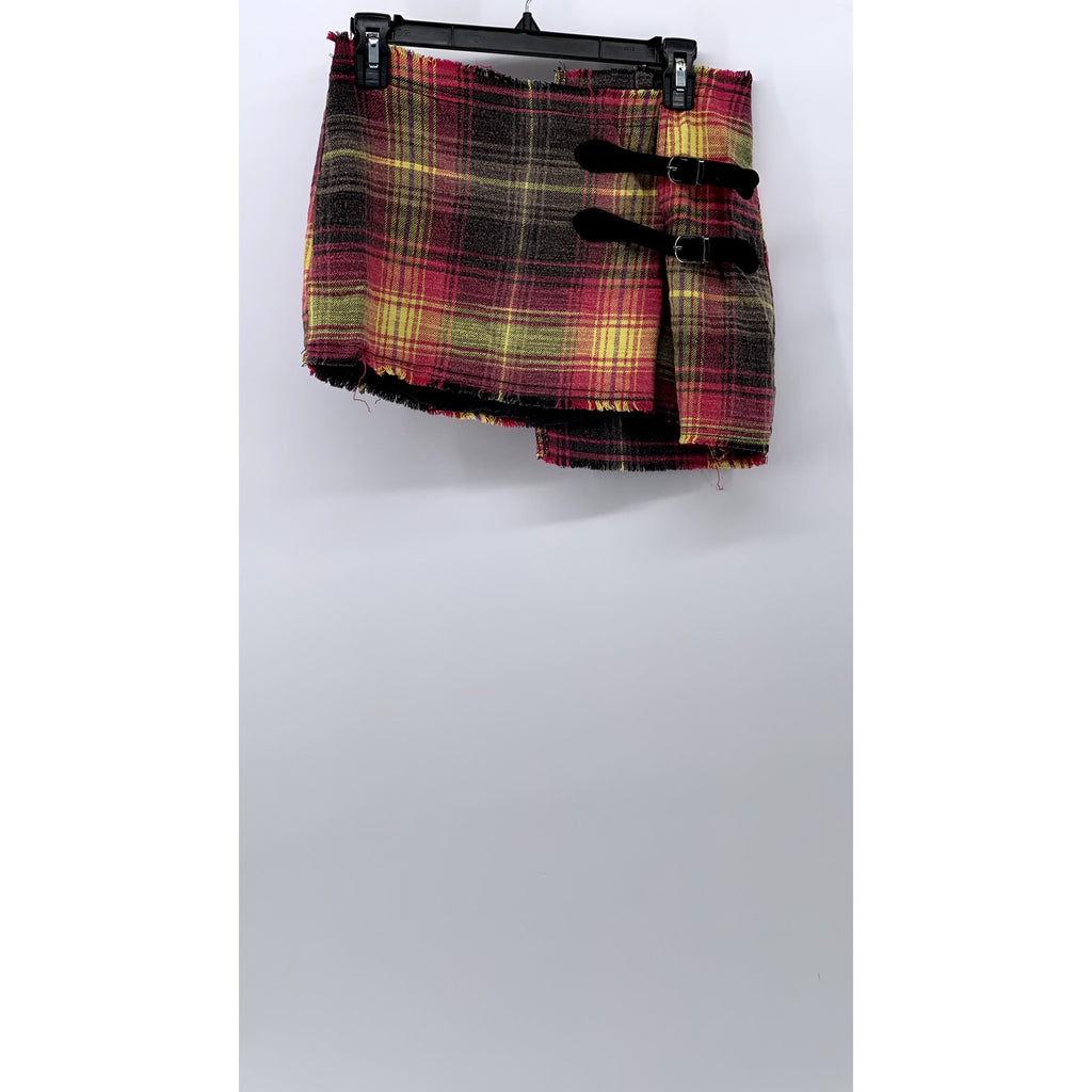 URBAND OUTFITTERS Women's Red-Black-Yellow Plaid Wrap Grunge Mini Skirt SZ S