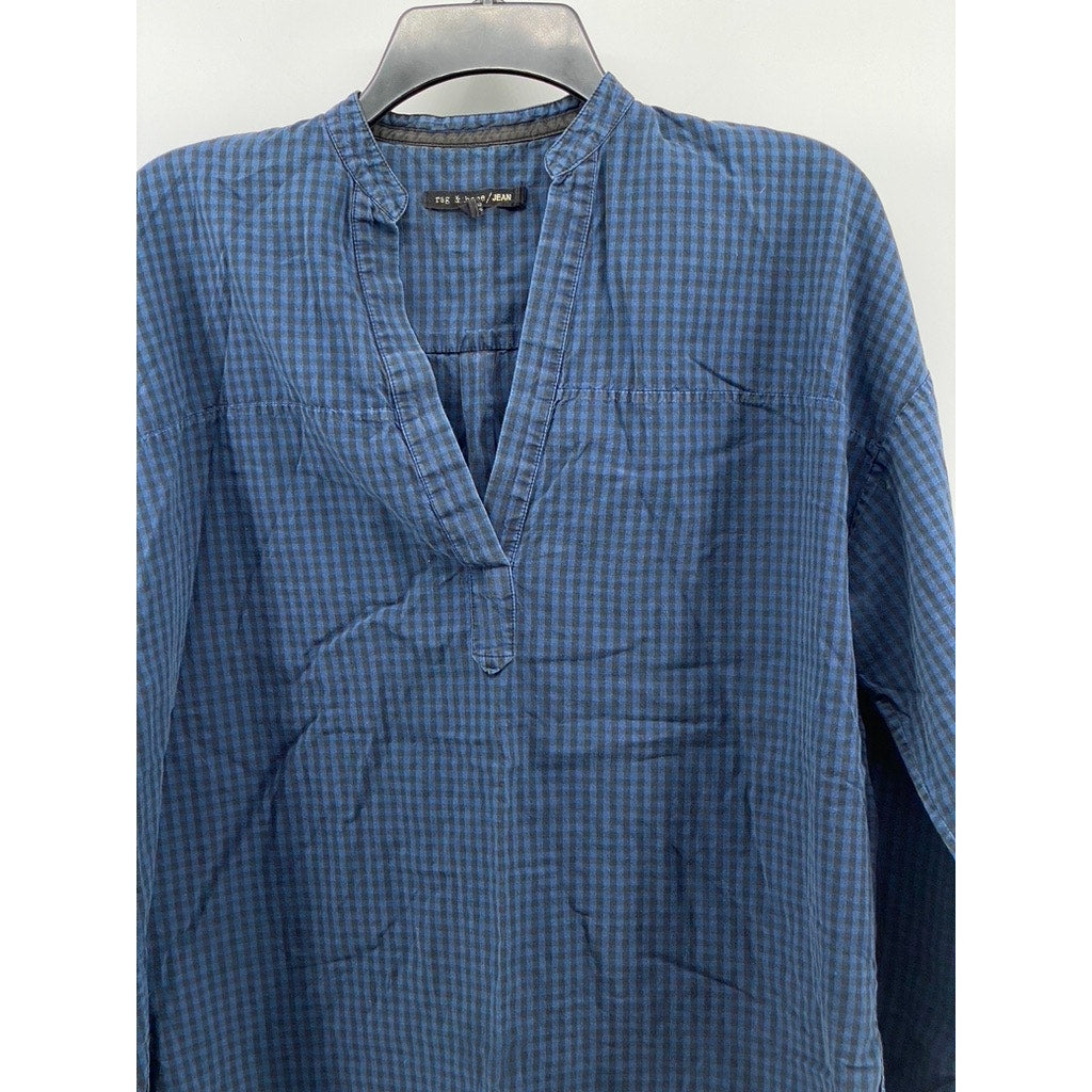 RAG & BONE/JEAN Women's Blue Gingham V-Neck Long Sleeve Classic Fit Blouse SZ M