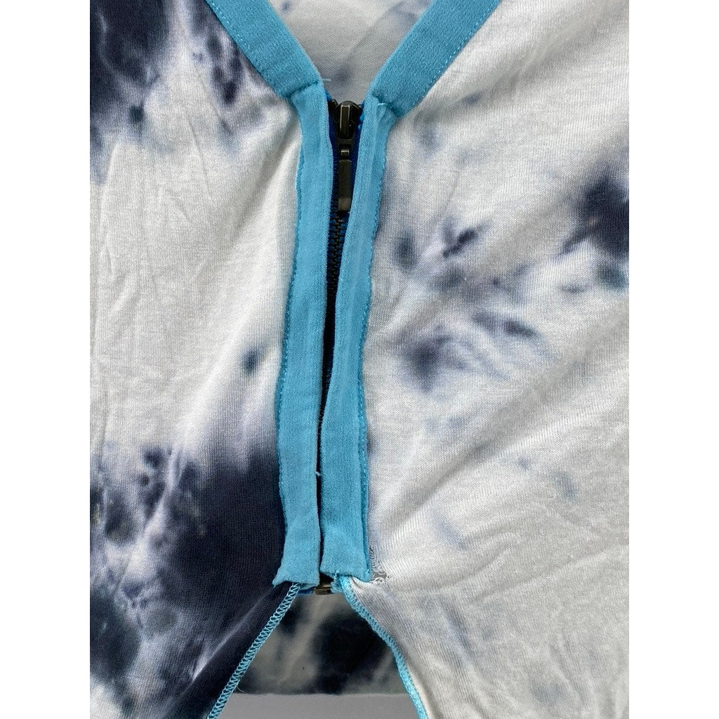 UNBRANDED Women's White-Blue-Black Tie-Dye Asymmetrical Zip-Up Cropped Top SZ M