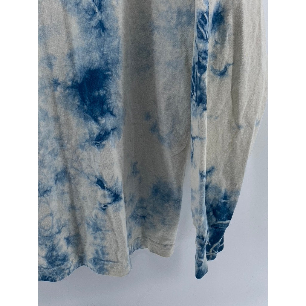 BODEGA Men's Blue-White Tie-Dye Graphic Logo Crewneck Long Sleeve T-Shirt SZ L