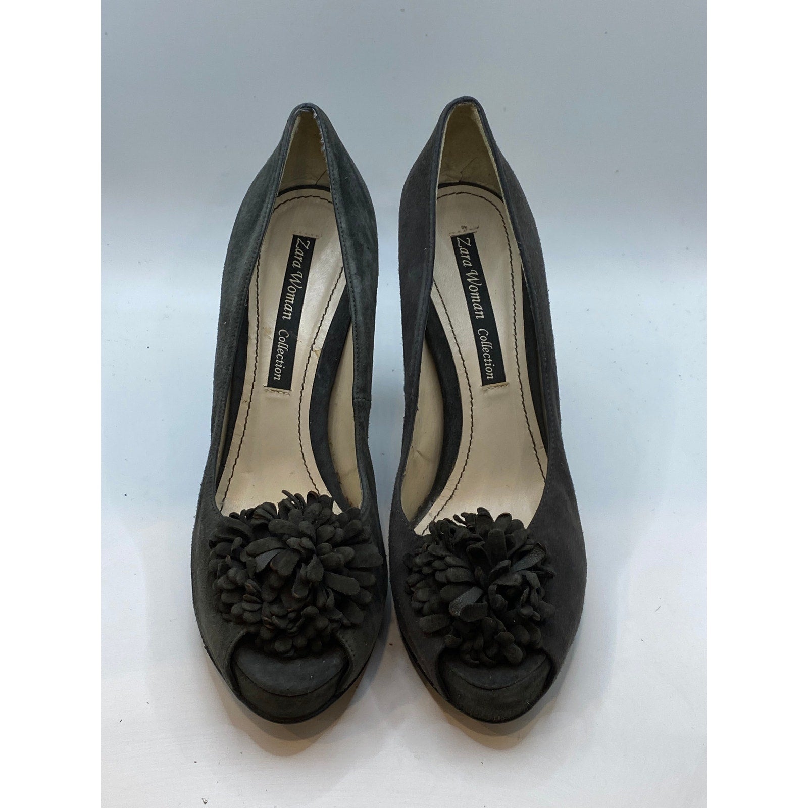 ZARA Women's Collection Black Peep-Toe Floral Faux Suede Pumps SZ 38(US8)