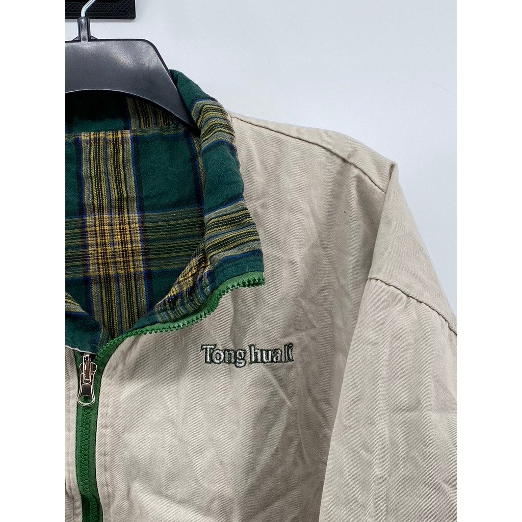 TONG HAUL Men's Vintage Beige-Green Plaid Reversible Zip-Up Jacket SZ S