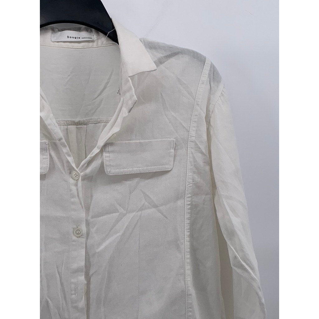 DOUGIE Women's White Button-Up Long Sleeve Round-Hem Pocket Top SZ S