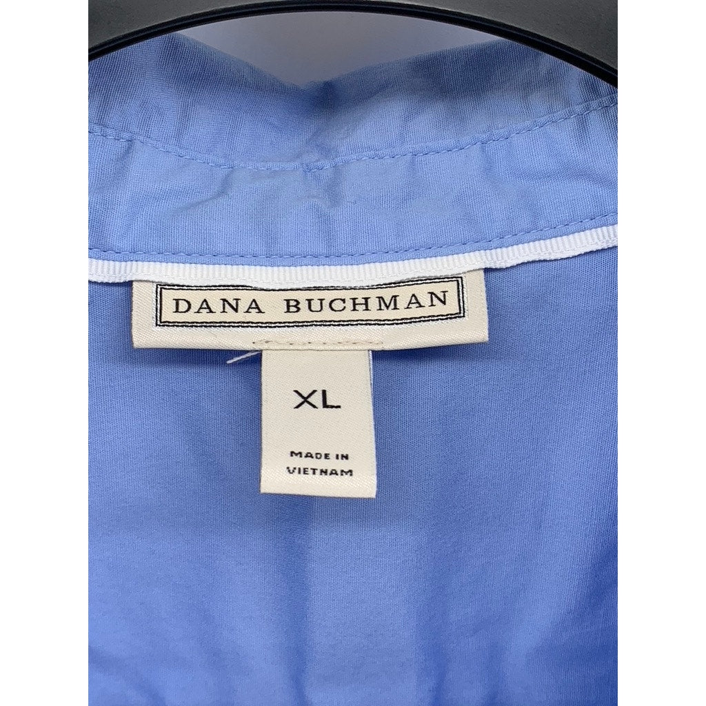 DANA BUCHMAN Women's Blue Pleated Button-Up 3/4 Sleeve Top SZ XL