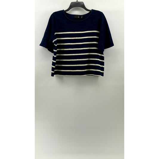 ADRIANO GOLDSCHMIED AG Women's Blue-White Striped Crewneck Cropped T-Shirt SZ M