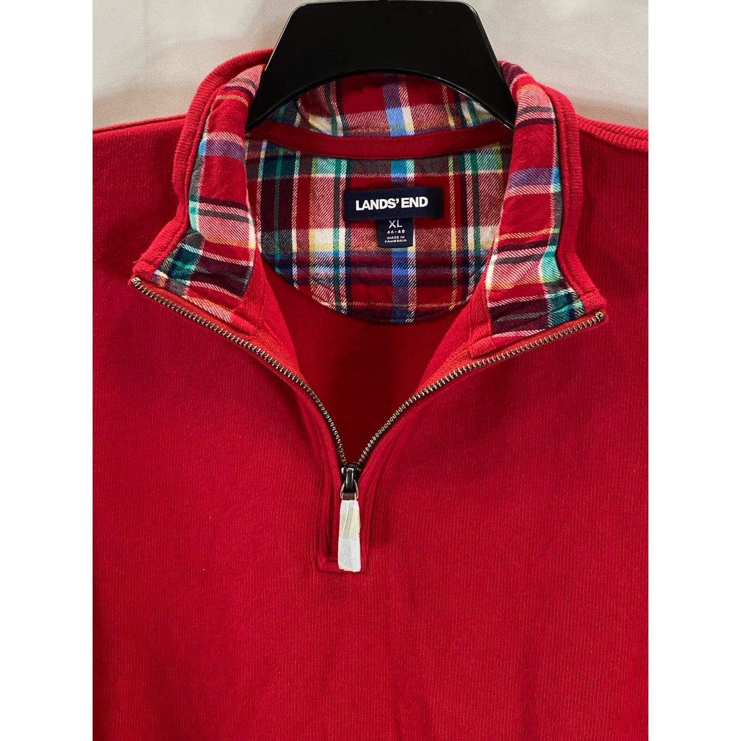 LANDS' END Men's Red Quarter-Zip Plaid Stand Collar Pullover Ribbed Sweater SZXL