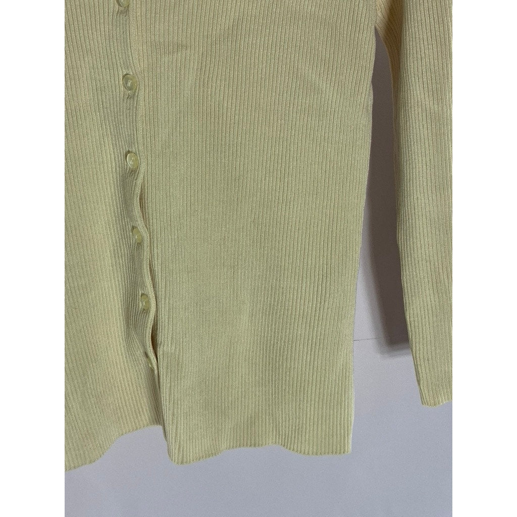 WHITE HOUSE BLACK MARKET Women's Beige Fur-Collar Ribbed Button-Up Cardigan SZ M