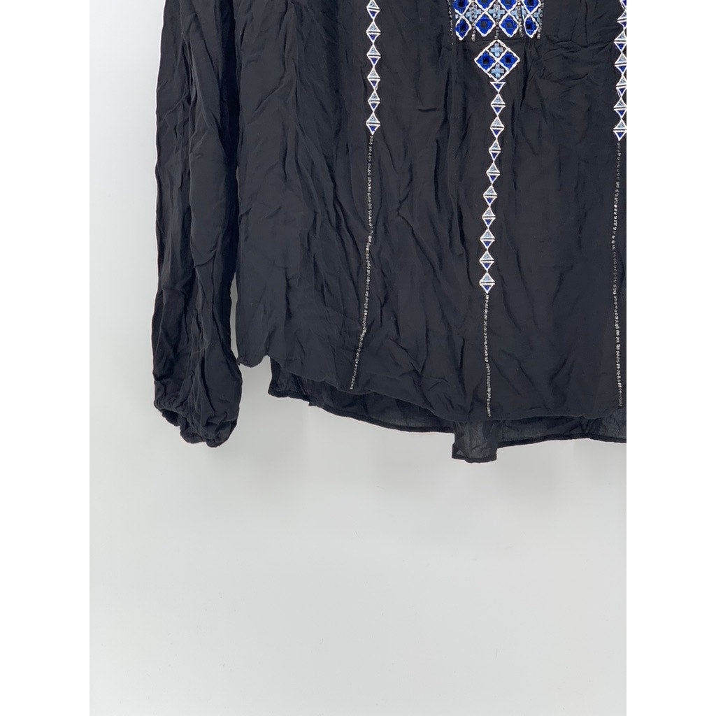 PARKER Women's Black-Blue Boho Beaded Split Tie Neck Long Sleeve Top SZ XS
