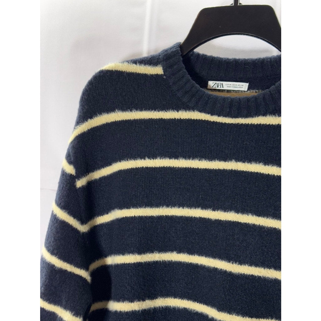 ZARA Men's Navy/Yellow Crewneck Striped Pullover Sweater SZ M